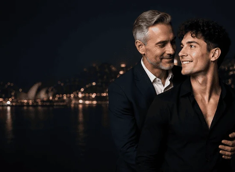 Gay cash pig dating couple overlooking a city harbour at night