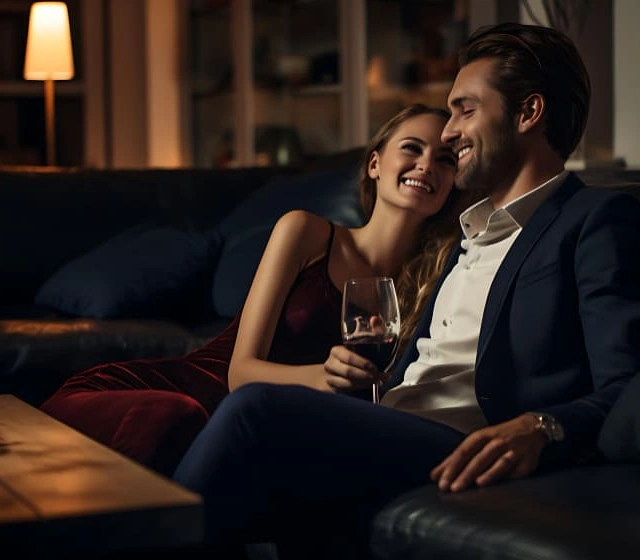 Elegant couple sharing a private conversation in a luxury lounge