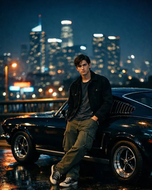 Devoted Kai, a verified cash pig beside a luxury car at night