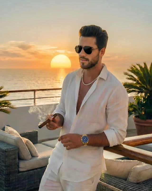 Master Damien, a verified cash master in an elegant white resort suit